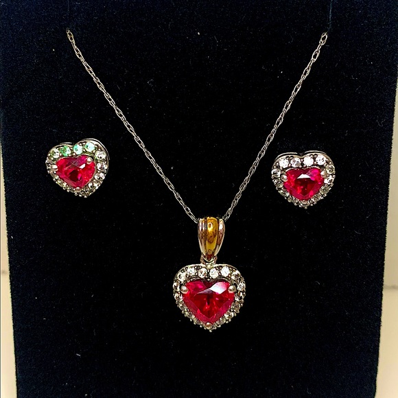 Heart Shaped Lab-created Ruby & Diamond Pendant & Earring Set - Picture 1 of 8